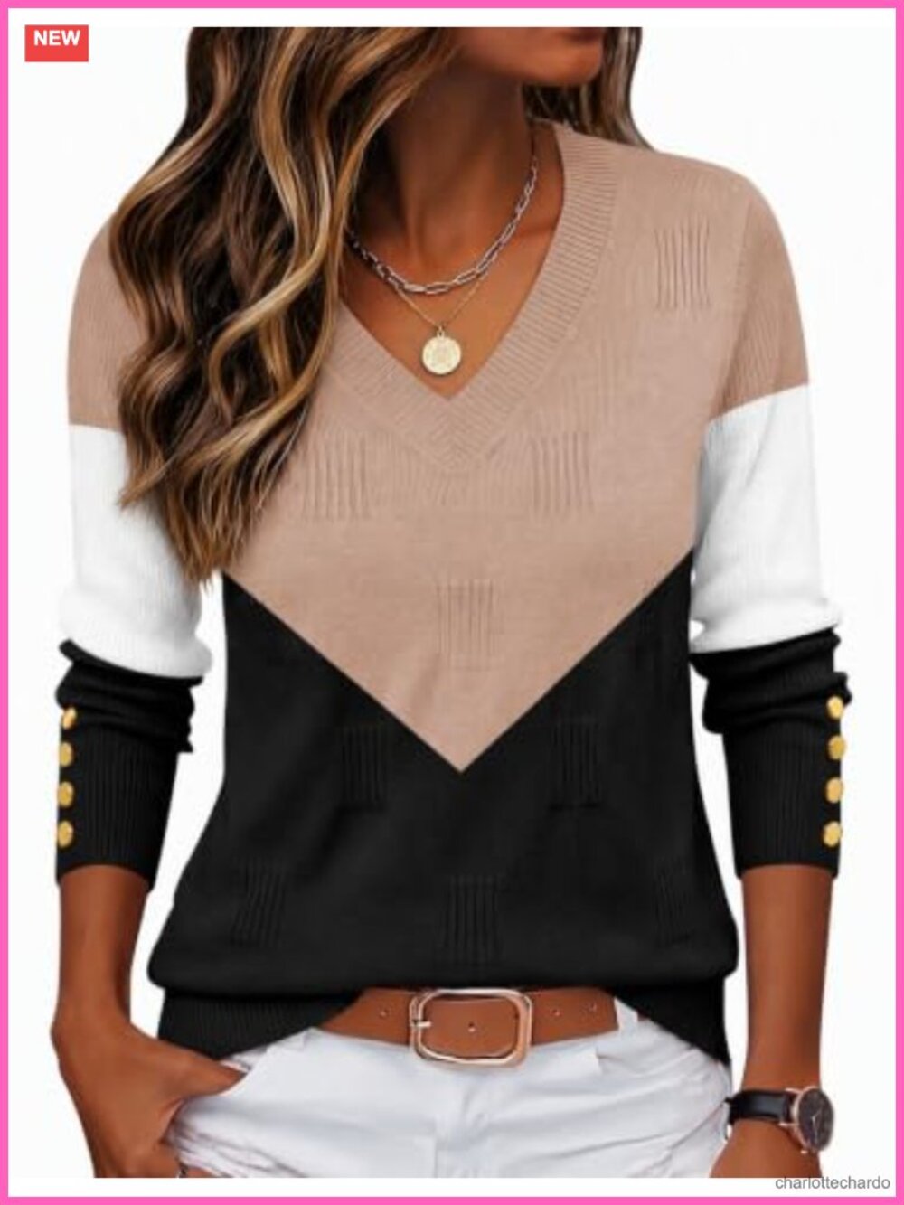 Women's V-Neck Long Sleeve Lightweight Knit Sweater Button Cuff Pullover
